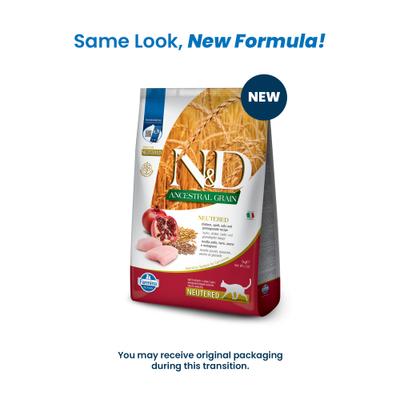 Show full view: Farmina N&D Ancestral Grain Chicken & Pomegranate Recipe Neutered Cat Dry Food, 11-lb bag slide 3 of 11
