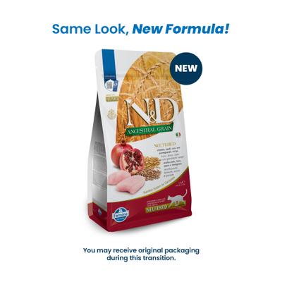Show full view: Farmina N&D Ancestral Grain Chicken & Pomegranate Recipe Neutered Cat Dry Food, 3.3-lb bag slide 3 of 11