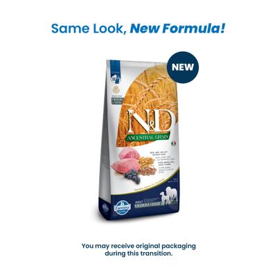 Show full view: Farmina N&D Ancestral Grain Lamb & Blueberry Medium & Maxi Adult Dry Dog Food, 26.4-lb bag slide 3 of 11