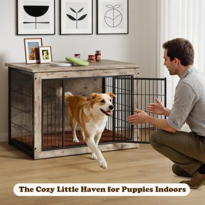 Show full view: WARCAT Wooden Indoor Thick Cushion Double Door Furniture Style Dog Crate, Lightgray, Large slide 7 of 7