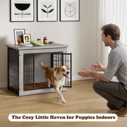 WARCAT Wooden Indoor Thick Cushion Double Door Furniture Style Dog Crate, Gray, Small slide 2 of 7