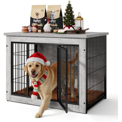 WARCAT WARCAT Wooden Indoor Thick Cushion Double Door Furniture Style Dog Crate, Gray, Medium
