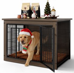 WARCAT Wooden Indoor Thick Cushion Double Door Furniture Style Dog Crate, Dark Brown, Large