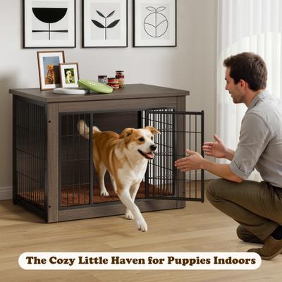 Show full view: WARCAT Wooden Indoor Thick Cushion Double Door Furniture Style Dog Crate, Dark Brown, Medium slide 8 of 8