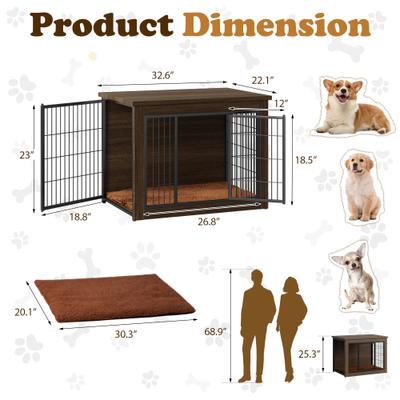 Show full view: WARCAT Wooden Indoor Thick Cushion Double Door Furniture Style Dog Crate, Dark Brown, Medium slide 6 of 8
