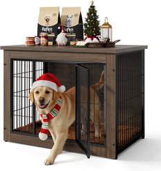 WARCAT Wooden Indoor Thick Cushion Double Door Furniture Style Dog Crate, Dark Brown, Medium