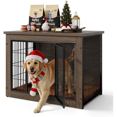 WARCAT WARCAT Wooden Indoor Thick Cushion Double Door Furniture Style Dog Crate, Dark Brown, Medium