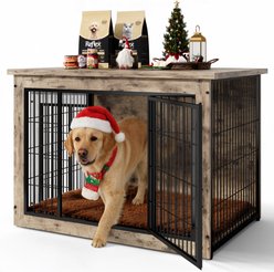 WARCAT Wooden Indoor Thick Cushion Double Door Furniture Style Dog Crate, Lightgray, Large
