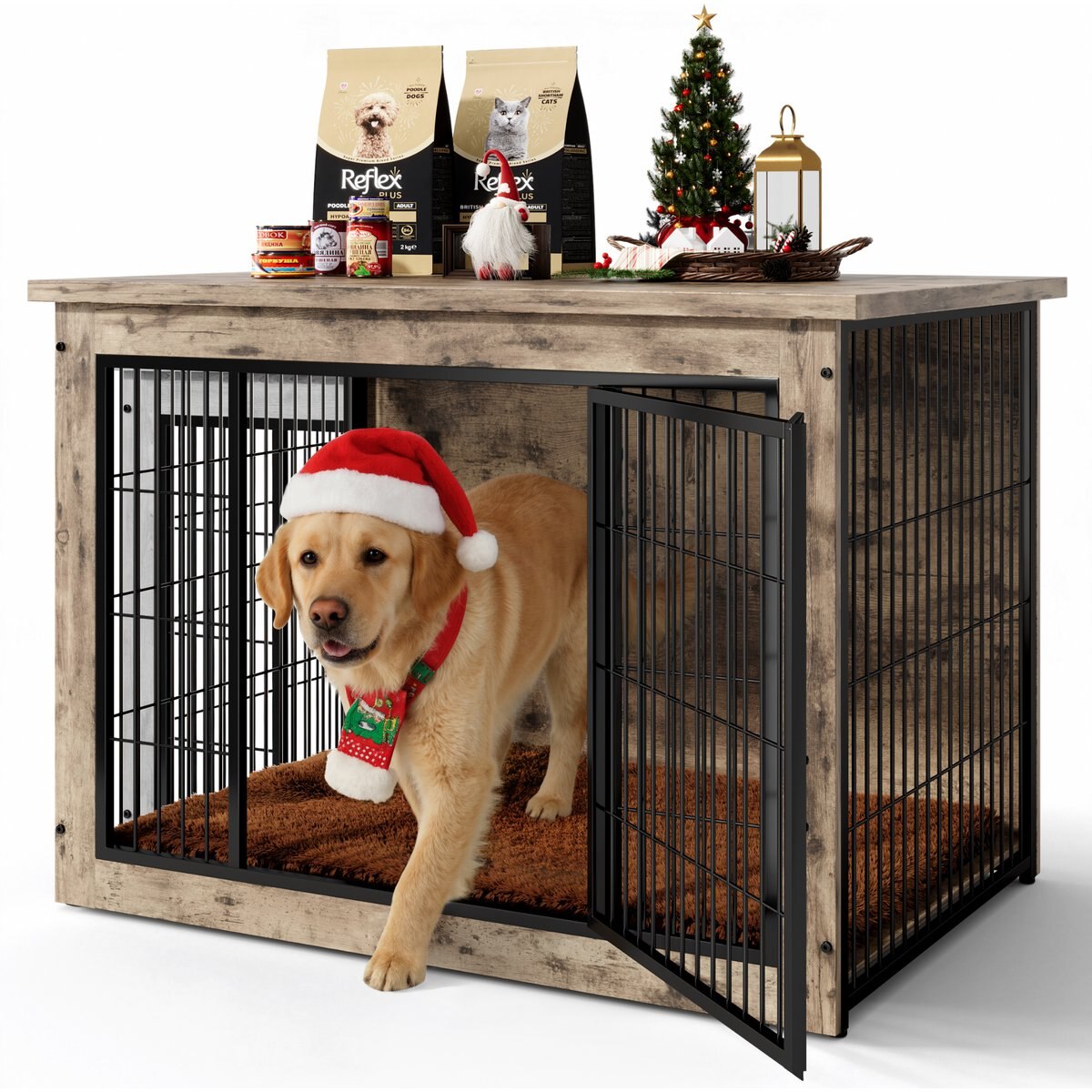 WARCAT Wooden Indoor Thick Cushion Double Door Furniture Style Dog Crate, Lightgray, Large