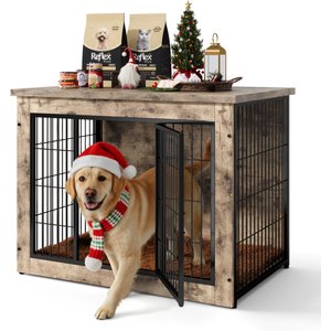 WARCAT Wooden Indoor Thick Cushion Double Door Furniture Style Dog Crate, Lightgray, Small