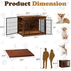 WARCAT Wooden Indoor Thick Cushion Double Door Furniture Style Dog Crate, Brown, Large