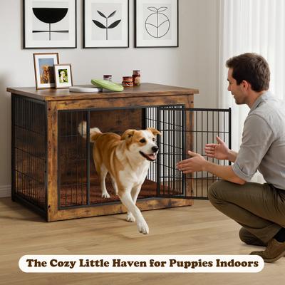 Show full view: WARCAT Wooden Indoor Thick Cushion Double Door Furniture Style Dog Crate, Brown, Large slide 7 of 7