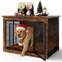 WARCAT Wooden Indoor Thick Cushion Double Door Furniture Style Dog Crate, Brown, Large