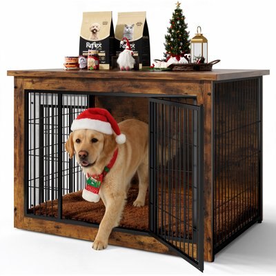 WARCAT WARCAT Wooden Indoor Thick Cushion Double Door Furniture Style Dog Crate, Brown, Large