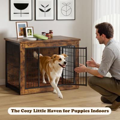 Show full view: WARCAT Wooden Indoor Thick Cushion Double Door Furniture Style Dog Crate, Brown, Medium slide 8 of 8