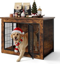 WARCAT Wooden Indoor Thick Cushion Double Door Furniture Style Dog Crate, Brown, Medium