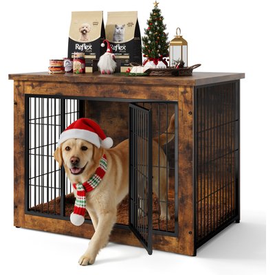 WARCAT WARCAT Wooden Indoor Thick Cushion Double Door Furniture Style Dog Crate, Brown, Small