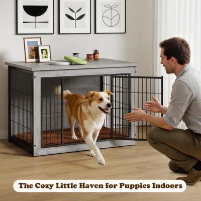 Show full view: WARCAT Wooden Indoor Thick Cushion Double Door Furniture Style Dog Crate, Gray, Large slide 7 of 7