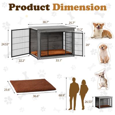 Show full view: WARCAT Wooden Indoor Thick Cushion Double Door Furniture Style Dog Crate, Gray, Large slide 5 of 7