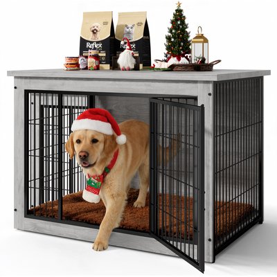 WARCAT WARCAT Wooden Indoor Thick Cushion Double Door Furniture Style Dog Crate, Gray, Large