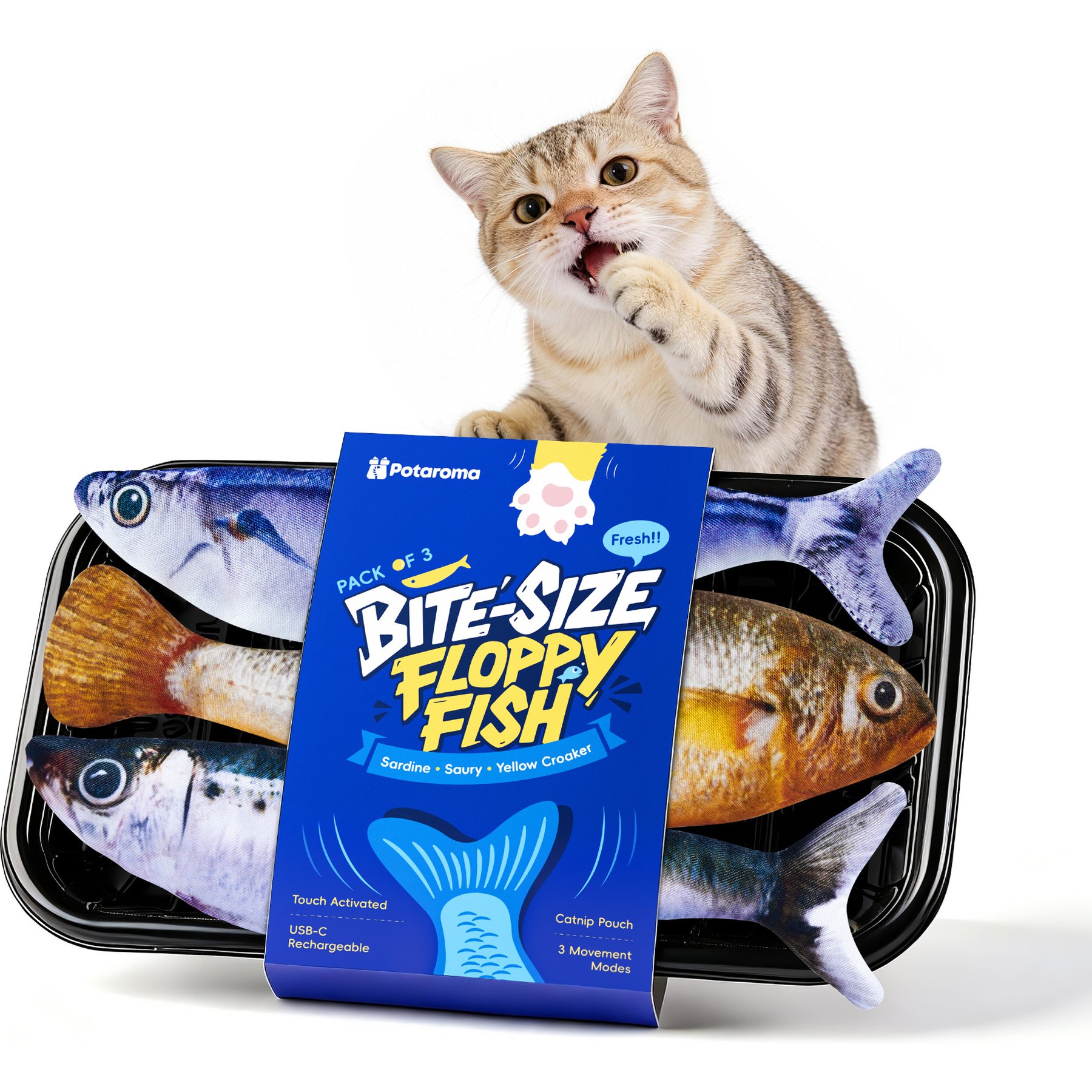 Potaroma Bite-Sized Realistic Flopping Fish Interactive Cat Motion Toy with Catnip, Multicolor, 7.1-in, 3 count