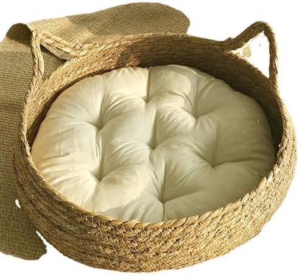 Show full view: NonoPets Handwoven Rattan Natural Wicker Basket Cat Bed with Soft Cushion, Large slide 2 of 2