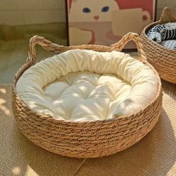 NonoPets Handwoven Rattan Natural Wicker Basket Cat Bed with Soft Cushion, Large