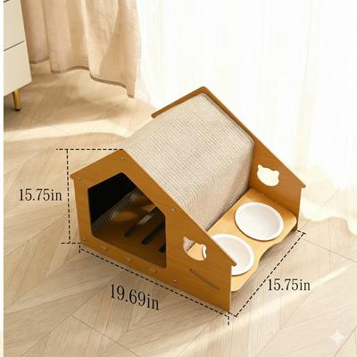 Show full view: NonoPets 2-in-1 Wooden Cat House with Feeding Station with Scratch Roof & Food Bowls slide 4 of 5