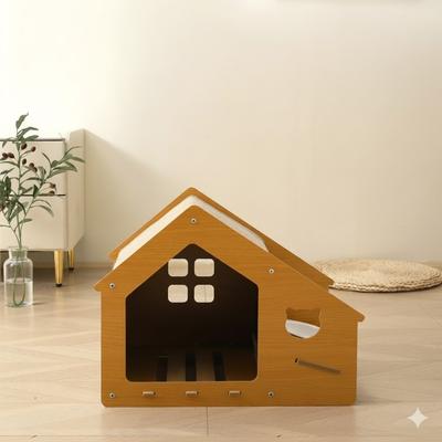 Show full view: NonoPets 2-in-1 Wooden Cat House with Feeding Station with Scratch Roof & Food Bowls slide 3 of 5