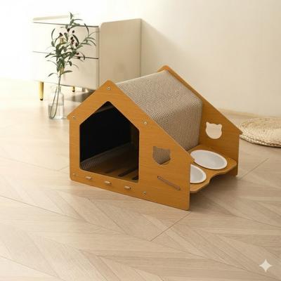 Show full view: NonoPets 2-in-1 Wooden Cat House with Feeding Station with Scratch Roof & Food Bowls slide 2 of 5