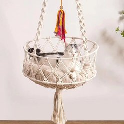 NonoPets Macrame Hanging Hammock Handwoven Cat Bed Boho Rope Swing with Cushion, Large