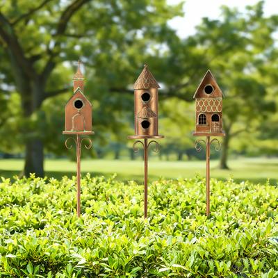 Show full view: Glitzhome 53-in Farmhouse Faux Copper 2-Tiered Distressed Metal Decorative Garden Bird House with Stake slide 9 of 9