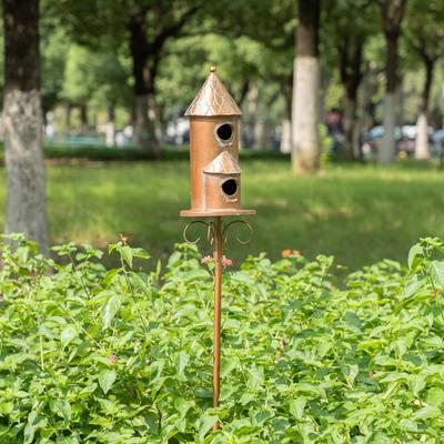 Show full view: Glitzhome 53-in Farmhouse Faux Copper 2-Tiered Distressed Metal Decorative Garden Bird House with Stake slide 3 of 9