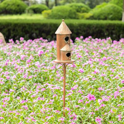 Show full view: Glitzhome 53-in Farmhouse Faux Copper 2-Tiered Distressed Metal Decorative Garden Bird House with Stake slide 4 of 9