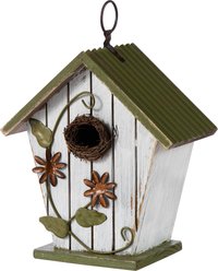 Glitzhome Distressed Solid Wood Decorative Outdoor Garden Bird House with 3D Flower