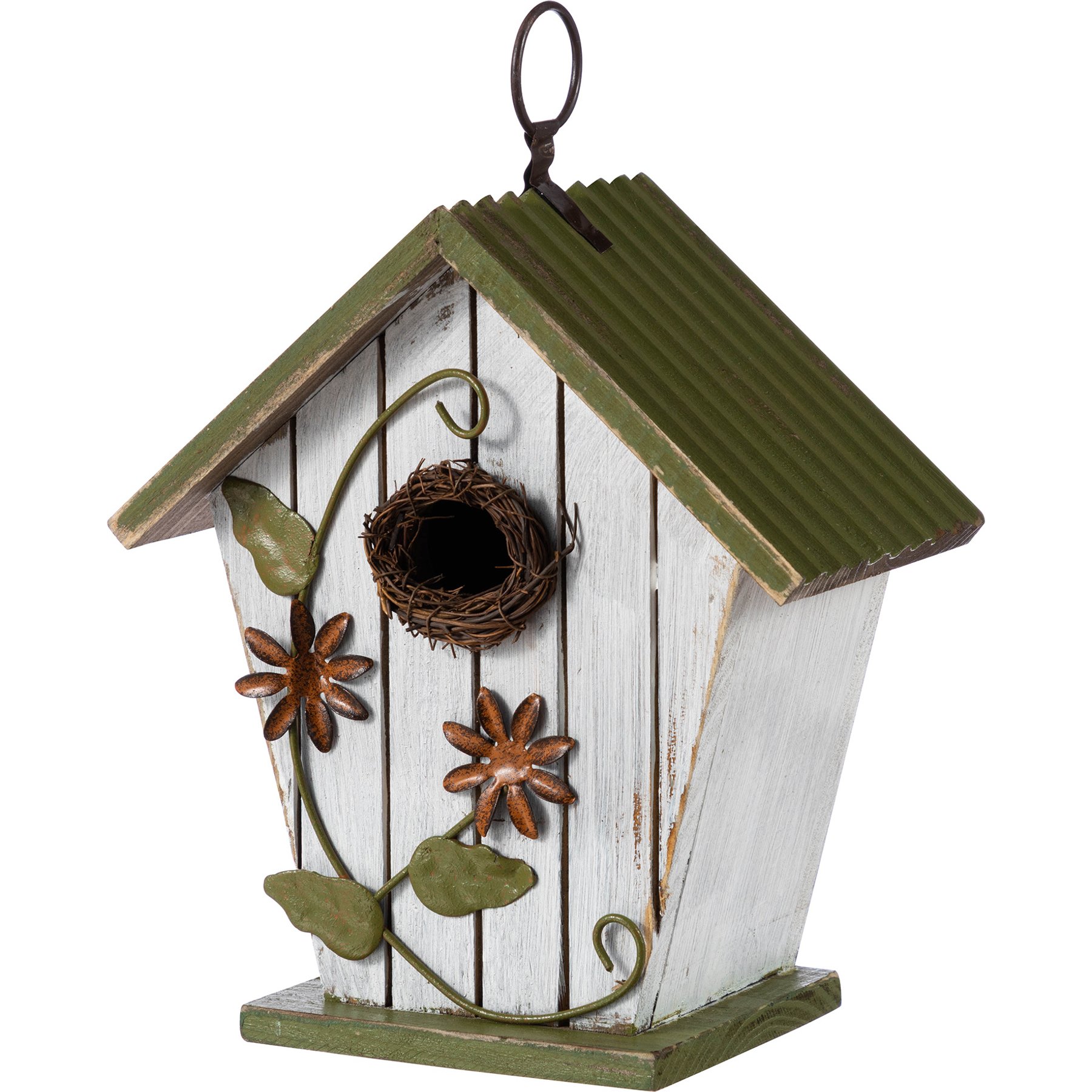 Glitzhome Distressed Solid Wood Decorative Outdoor Garden Bird House with 3D Flower