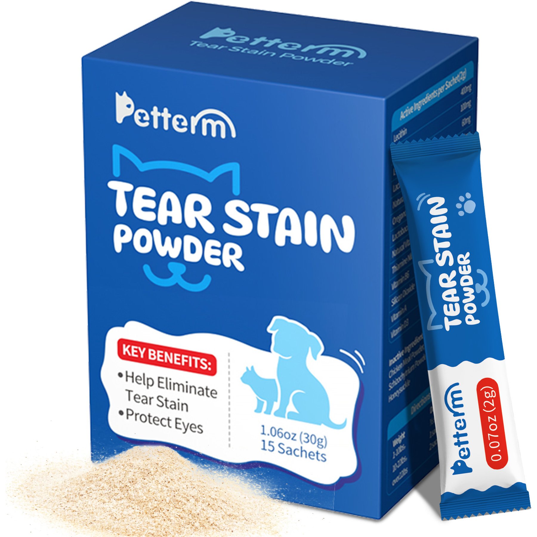 Petterm Tear Stain Remover Chicken Flavored Powder Vision Supplement for Dogs & Cats, 15 count