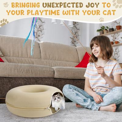 Show full view: HOMAGICO Indoor Peekaboo Donut Tunnel Bed Cat Plush Toy, Beige, Large: 24-in slide 5 of 6