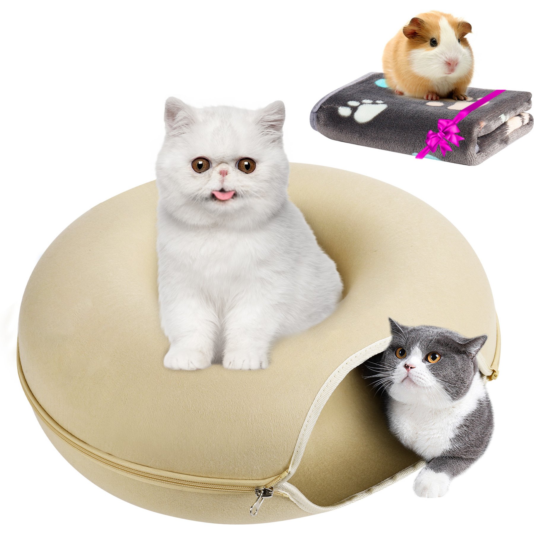 HOMAGICO Indoor Peekaboo Donut Tunnel Bed Cat Plush Toy, Beige, Large