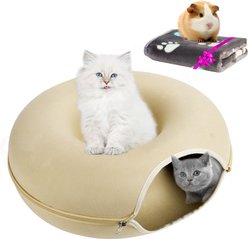 HOMAGICO Indoor Peekaboo Donut Tunnel Bed Cat Plush Toy, Beige, Medium