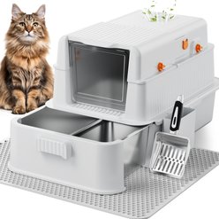 Casfuy Full-Enclosed Stainless Steel Cat Litter Box with Pull-Out Drawer
