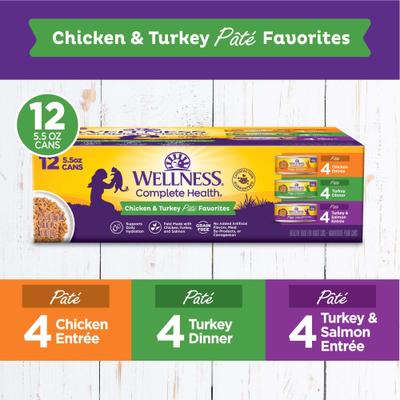 Show full view: Wellness Complete Health Poultry Favorites Variety Pack Grain-Free Wet Cat Food, 5.5-oz can, case of 12 slide 3 of 11