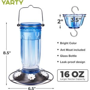 Yarty 16-oz Glass Hummingbird Bird Feeder with Ant Moat, 2 count, Blue