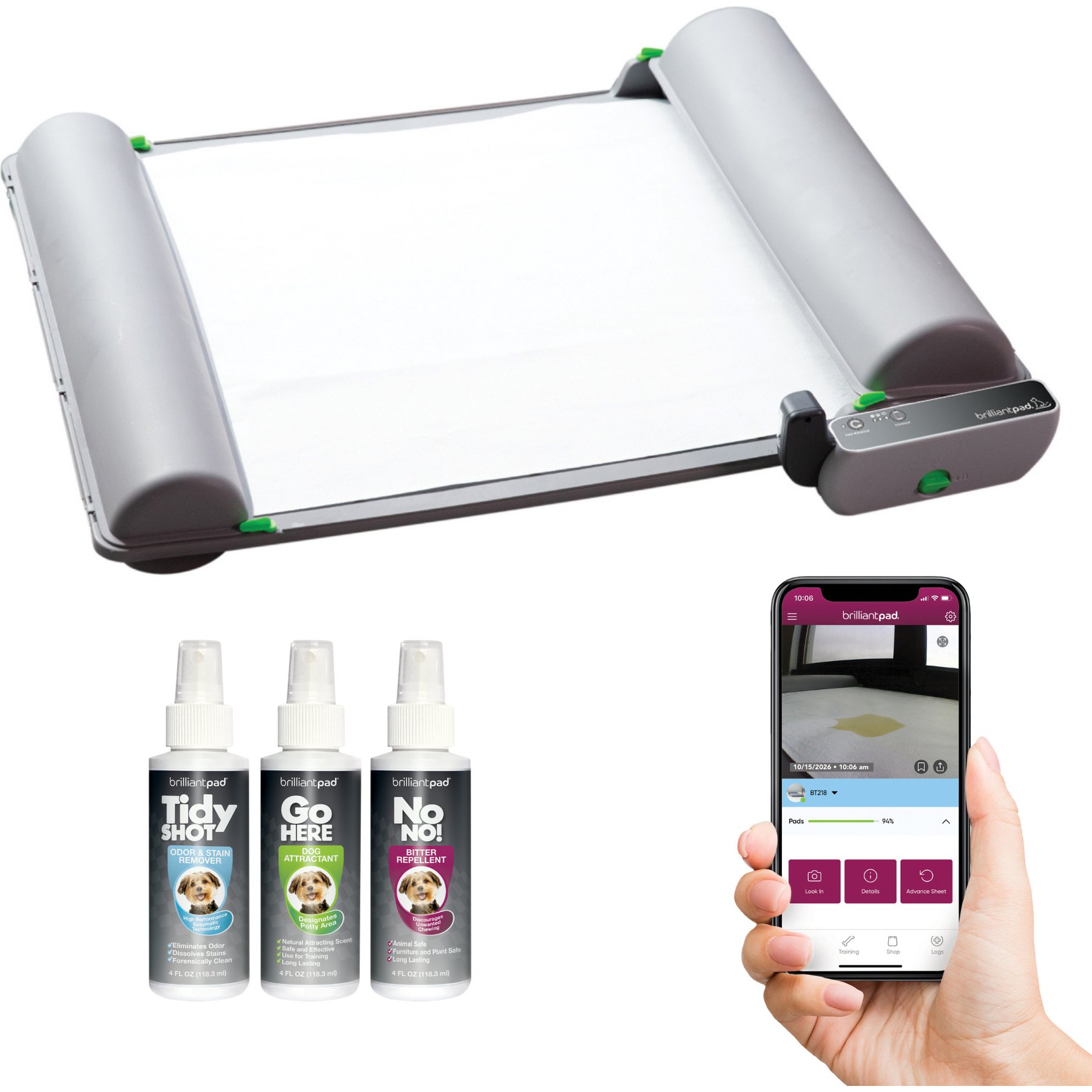 BrilliantPad Self-Cleaning Wi-Fi & App Controlled Automatic Dog Potty Pad with 3-Spray Training Bundle