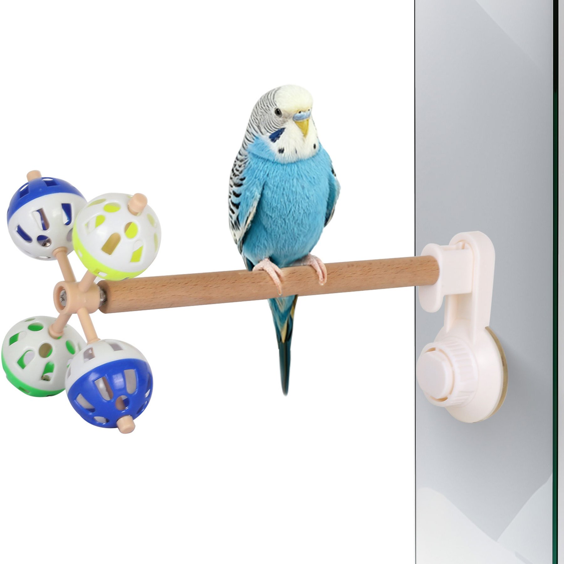 Halinfer Suction Cup Mount Movable Exercise Bird Stand Perch Toy with Rotating Spinning Balls & Bells, Small
