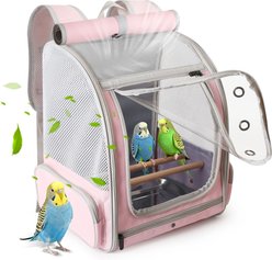 Halinfer Portable Front Zipper Opening Travel Cage Bird Carrier Backpack with Standing Perches & Metal Tray, 15 x 11 x 16-in, Pink
