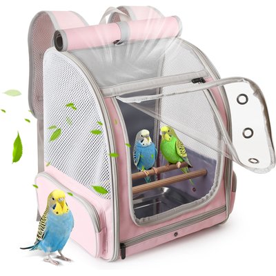 Halinfer Halinfer Portable Front Zipper Opening Travel Cage Bird Carrier Backpack with Standing Perches & Metal Tray, 15 x 11 x 16-in, Pink