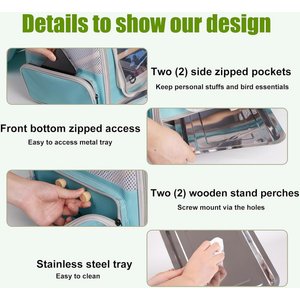 Halinfer Portable Front Zipper Opening Travel Cage Bird Carrier Backpack with Standing Perches & Metal Tray, 15 x 11 x 16-in, Green