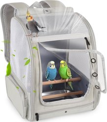 Halinfer Portable Front Zipper Opening Travel Cage Bird Carrier Backpack with Standing Perches & Metal Tray, 15 x 11 x 16-in, Grey