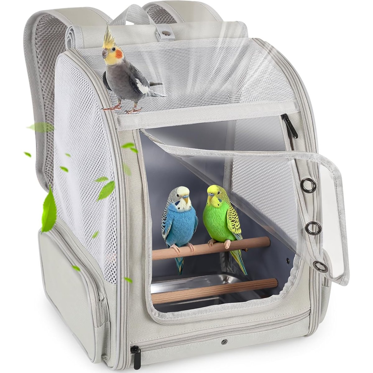 Halinfer Portable Front Zipper Opening Travel Cage Bird Carrier Backpack with Standing Perches & Metal Tray, 15 x 11 x 16-in, Grey